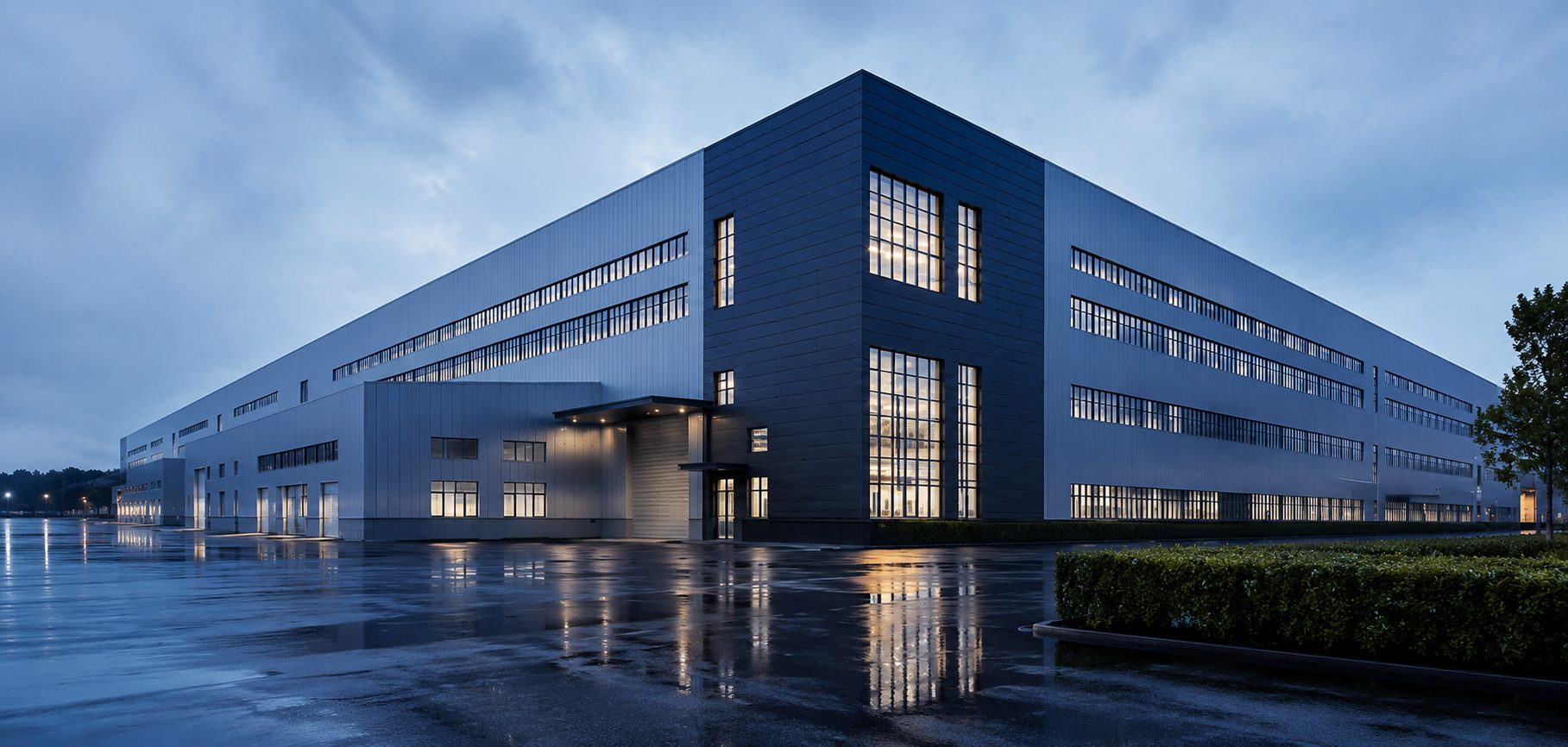 Modern industrial manufacturing facility at dusk — XFRIGE technology partner backdrop