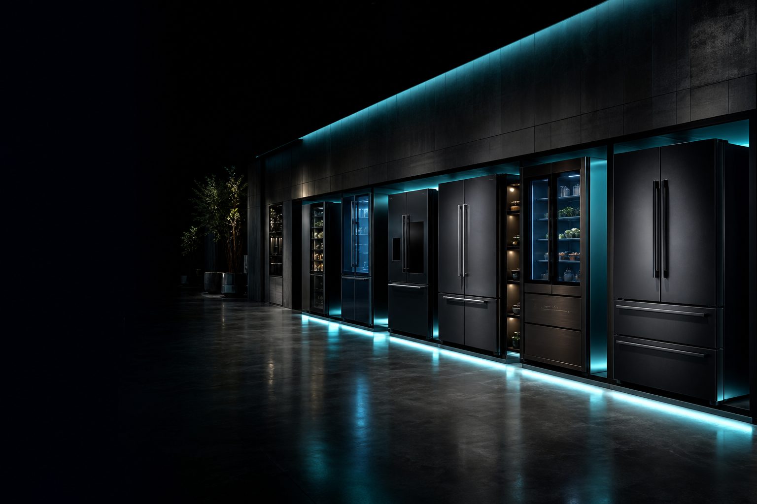 Multiple premium refrigerators displayed in a dark high-end showroom with teal accent lighting